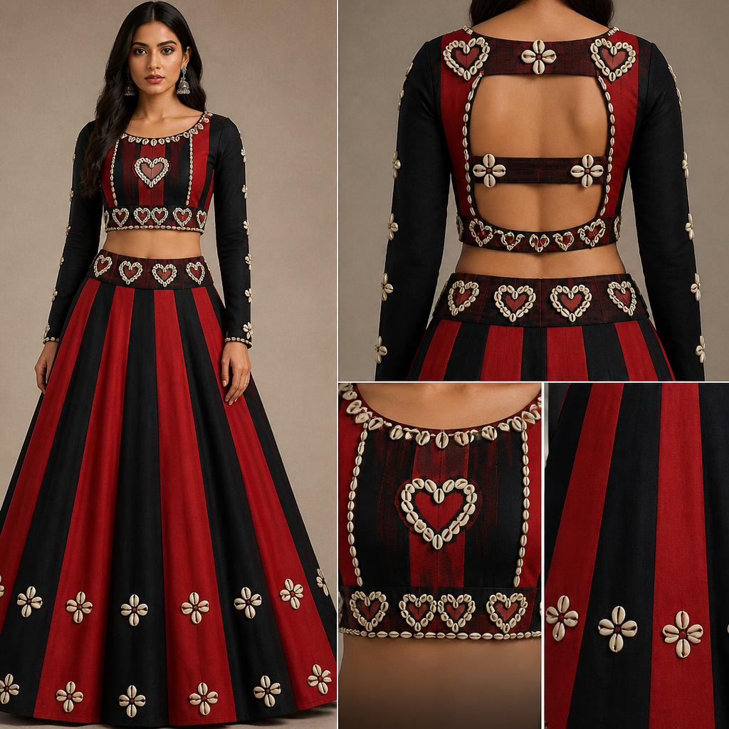 A Female Dress design, suitable for Summer. photorealistic fashion design, A Female Dress design, suitable for Summer. Black and red color na long and ubha 8 patta vado ghaghro and red and black color no patta ni vacche upar photo ma aapeli 2 kodi ni heart🫰 vadi design and ghaghra ni niche na bhag ma 5 nani kodi nu flowers vadi design te darek patta ma 2 flowers hova joiye and ghaghra ni upar ni said 2 kodi ni heart 🫰vadi design and blouse ma long slaves and slaves ma 1-1 kodi ni design and blouse ni upar na bhag ma koidi ni heart 🫰vadi design and niche pan heart🫰 vadi design and pacchad ni said huk no patto banav vo upar niche bey ma 5 kodi na 2 flowers banav va upar niche. India fashion aesthetics., just the design no text. India fashion aesthetics.
photorealistic fashion design, A Female Dress design, suitable for Summer. photorealistic fashion design, A Female Dress design, suitable for Summer. Black and red color na long and ubha 8 patta vado ghaghro and red and black color no patta ni vacche upar photo ma aapeli 2 kodi ni heart🫰 vadi design and ghaghra ni niche na bhag ma 5 nani kodi nu flowers vadi design te darek patta ma 2 flowers hova joiye and ghaghra ni upar ni said 2 kodi ni heart 🫰vadi design and blouse ma long slaves and slaves ma 1-1 kodi ni design and blouse ni upar na bhag ma koidi ni heart 🫰vadi design and niche pan heart🫰 vadi design and pacchad ni said huk no patto banav vo upar niche bey ma 5 kodi na 2 flowers banav va upar niche. India fashion aesthetics., just the design no text. India fashion aesthetics., just the design no text