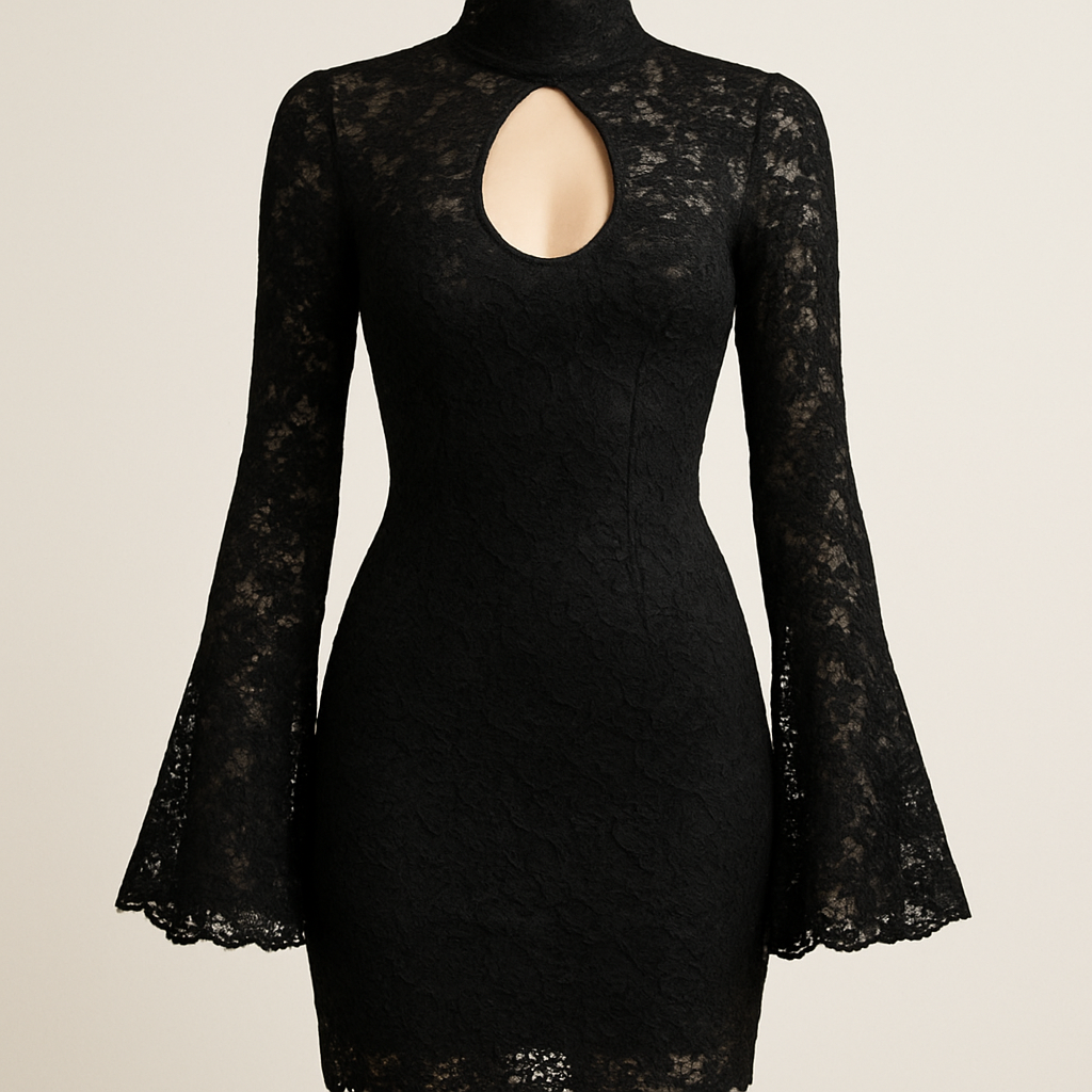 Fitted black mini dress lace material with bells sleeves and a high collar with an oval opening on the breast region
Fitted black mini dress lace material with bells sleeves and a high collar with an oval opening on the breast region