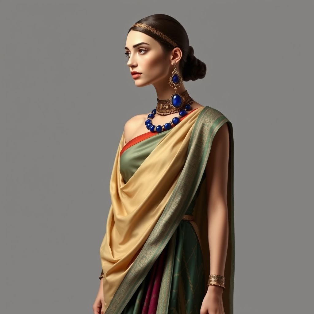 انثى سومريه
Design a modern interpretation of an ancient Sumerian female attire, blending intricate bronze and jewel tones with flowing silk fabrics. Incorporate geometric patterns inspired by cuneiform writing and elegant draping reminiscent of historical garments. Accessorize with statement jewelry featuring lapis lazuli and gold, achieving a harmonious balance between history and contemporary elegance.