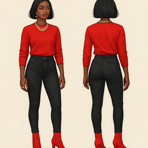 Black woman 
Red shirt 
Tight black jeans 
Red heel boots 
Gold necklace 
And earrings 
Gold rings on fingers 
A Bob 