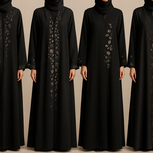 Create me modest abaya that's first in the world, using unique stone design, classy and sophisticated. Keep me 4 designs. Make them rich by adding minimal stone embroidery and stones designs. Showcasing different styles and fabric.
