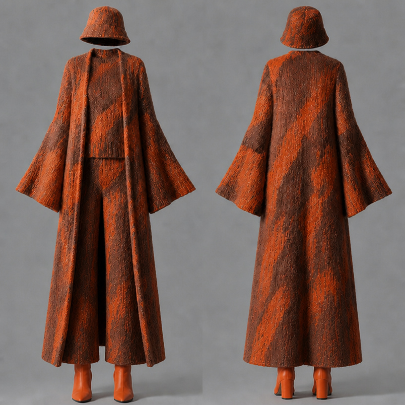 Make the boots tangerine and a little longer pants
edit the attached fashion design with these instructions: Make the boots tangerine and a little longer pants. keep it photorealistic, just the design no text