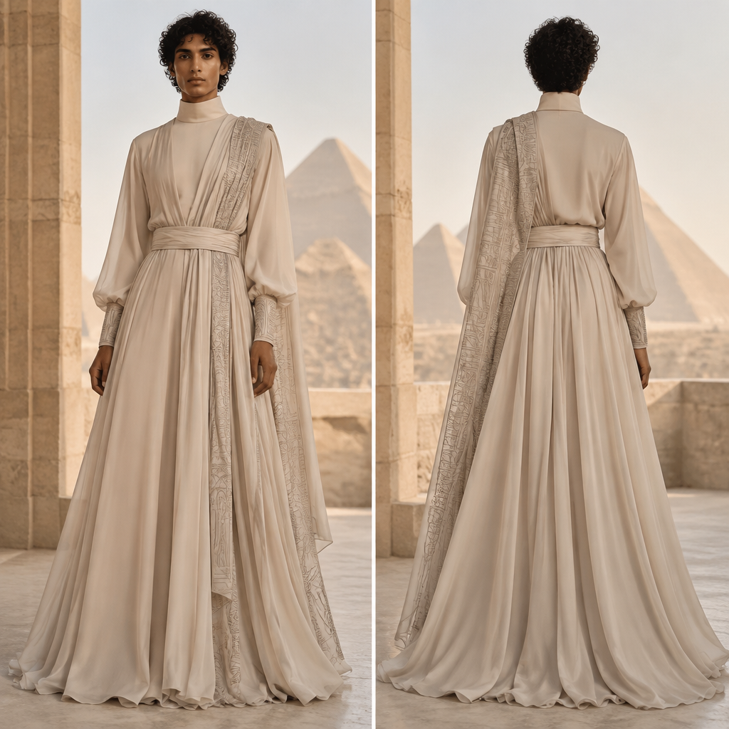 A Unisex Lehenga design, made of Chiffon, with a crisp, structured drape, with an Oversized silhouette, with modest, full coverage: longer hemlines, higher necklines and covered shoulders, in a Monochrome color palette, for Party, suitable for Fall, suited to a Temperate climate, in Minimalist style, shown on a model with brown skin and a slim figure. Egypt fashion aesthetics. Present it as professional fashion catalogue photography: the garment is the subject, shown full-length with editorial styling, neutral posing and tasteful, non-suggestive framing.
photorealistic fashion design, A Unisex Lehenga design, made of Chiffon, with a crisp, structured drape, with an Oversized silhouette, with modest, full coverage: longer hemlines, higher necklines and covered shoulders, in a Monochrome color palette, for Party, suitable for Fall, suited to a Temperate climate, in Minimalist style, shown on a model with brown skin and a slim figure. Egypt fashion aesthetics. Present it as professional fashion catalogue photography: the garment is the subject, shown full-length with editorial styling, neutral posing and tasteful, non-suggestive framing., minimalist style, just the design no text, show front and back