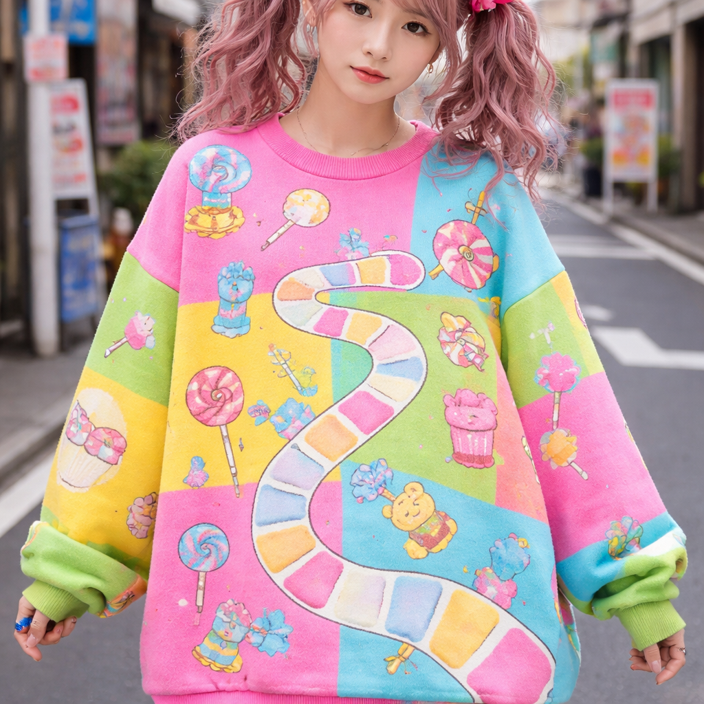 cute chunky neon candy land board game sweater
Japanese Street fashion design: Oversized cotton sweater, bright neon pink, yellow, blue, and green blocks. Playful candy land board game pattern. Loose fit, dropped shoulders, cozy.