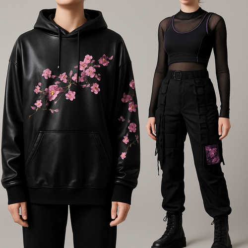 Left Side – Hoodie Outfit
	•	A black oversized hoodie.
	•	Decorated with pink cherry-blossom designs across the chest and sleeve.
	•	The material appears glossy, giving it a slightly futuristic, synthetic look.
	•	Loose fit with standard drawstrings and ribbed cuffs/hem.

Right Side – Full Techwear Outfit
	•	A black cropped tank layered over a mesh long-sleeve shirt.
	•	The top has subtle purple highlights that match the floral theme.
	•	High-waisted cargo pants with a techwear style: many straps, buckles, pockets, and utilitarian pouches.
	•	Pockets on the pants feature panels with purple/pink blossom artwork that matches the hoodie’s design.
	•	Black combat boots with chunky soles and laced fronts, tying into the dark techwear vibe.
	•	Overall color scheme: black with purple and magenta accents, giving a stylish and slightly futuristic look.