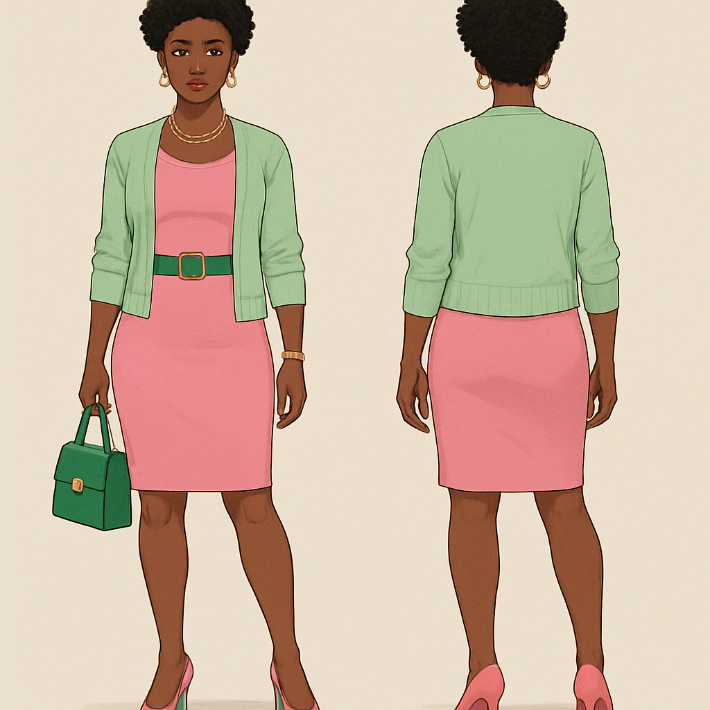 Black woman
Short curls
Gold jewelry
green belt
Pink dress fitted light green cardigan
Pink heels White
Green purse
Black woman
Short curls
Gold jewelry
green belt
Pink dress fitted light green cardigan
Pink heels White
Green purse
, streetwear style, show front and back
