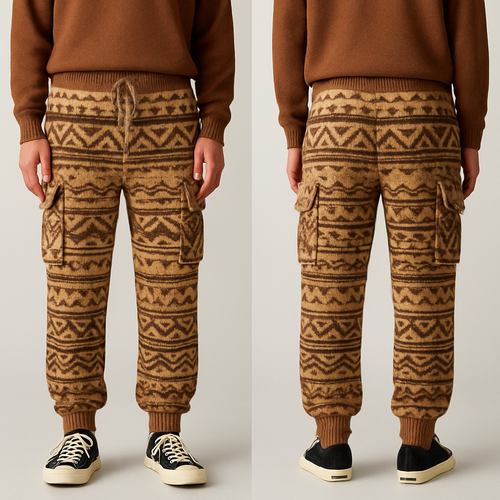 Flare knit cotton cargo joggers with an Aztec pattern 