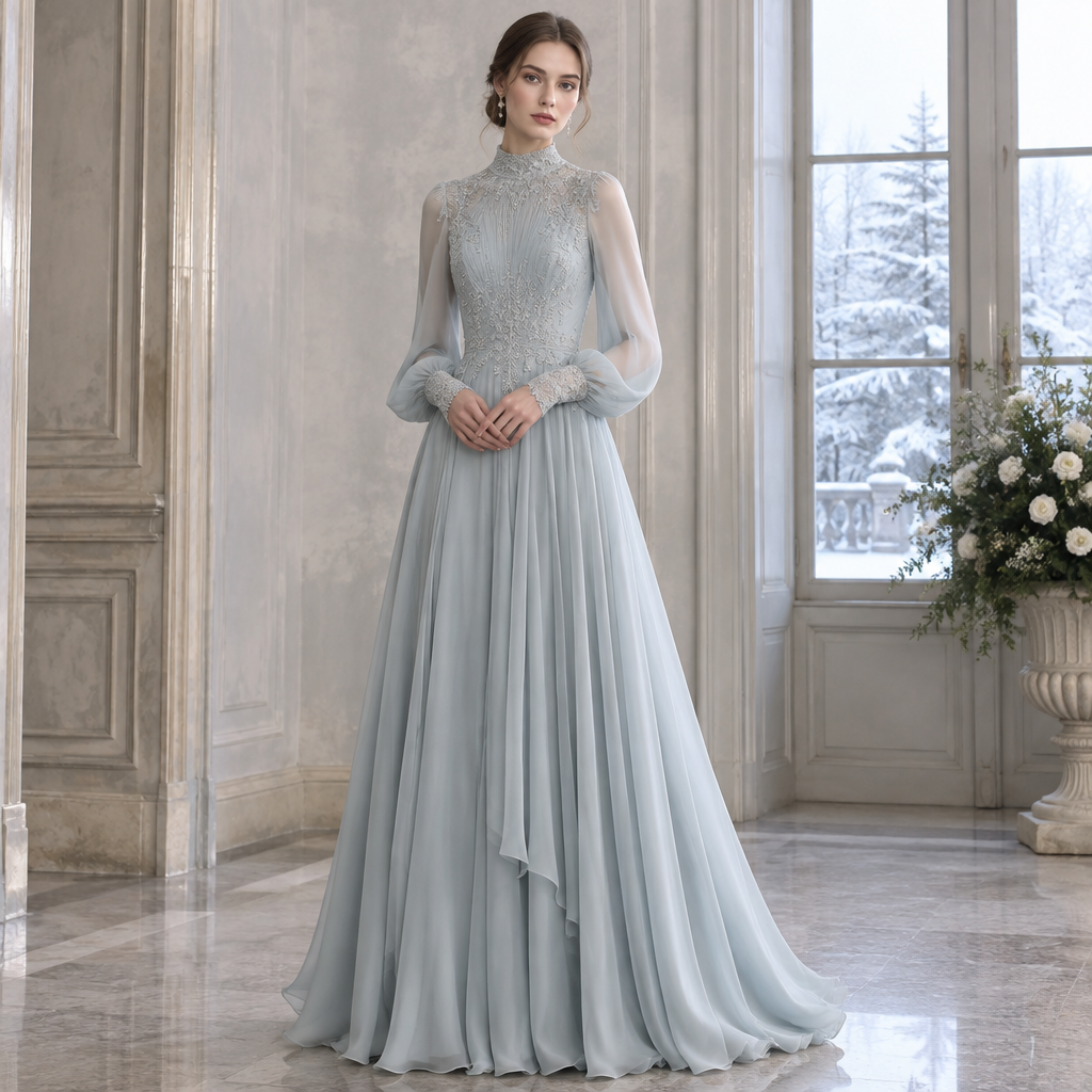 A Dress design, made of Chiffon, with a sleek, smooth finish, with a Flared silhouette, with modest, full coverage: longer hemlines, higher necklines and covered shoulders, in a Pastels color palette, for Wedding, suitable for Winter, suited to a Cold climate, in Classic style, shown on a model with light skin and a slim figure Present it as professional fashion catalogue photography: the garment is the subject, shown full-length with editorial styling, neutral posing and tasteful, non-suggestive framing.
photorealistic fashion design, A Dress design, made of Chiffon, with a sleek, smooth finish, with a Flared silhouette, with modest, full coverage: longer hemlines, higher necklines and covered shoulders, in a Pastels color palette, for Wedding, suitable for Winter, suited to a Cold climate, in Classic style, shown on a model with light skin and a slim figure Present it as professional fashion catalogue photography: the garment is the subject, shown full-length with editorial styling, neutral posing and tasteful, non-suggestive framing., classic style, just the design no text