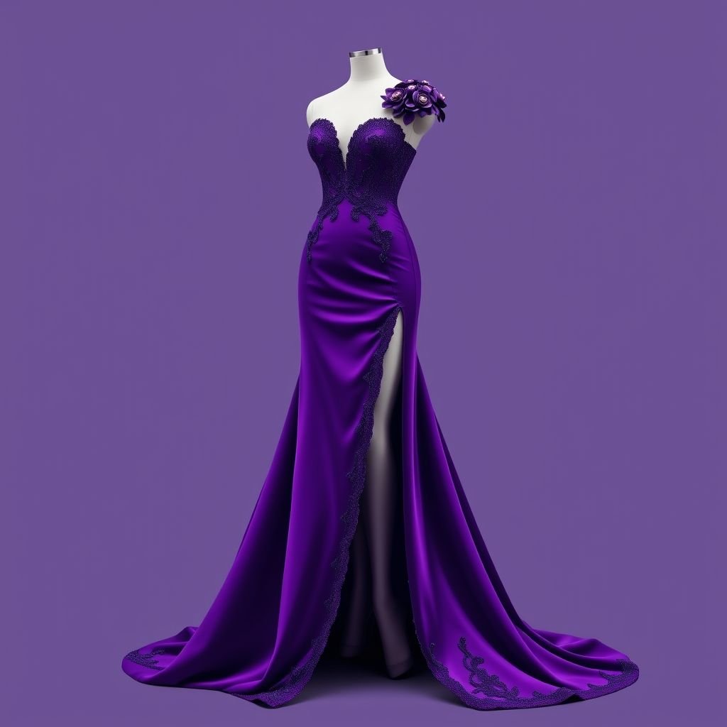 Let’s create a very beautiful evening, Gown. The solid fabric that is purple has a high lead all the way to the beginning of the thigh. Inside the sleet is another fabric a lace fabric the slit is all the way to me thigh. The bodice of the dress is structured and fully Beaded. Add 3-D structures to the left shoulder
Design an exquisite haute couture evening gown in rich, regal purple silk. The silhouette elegantly features a daring thigh-high slit, lined with delicate lace. The structured bodice, adorned with intricate beadwork, exudes sophistication. On the left shoulder, sculptural 3D floral motifs cascade, adding a mesmerizing touch to this statement piece.