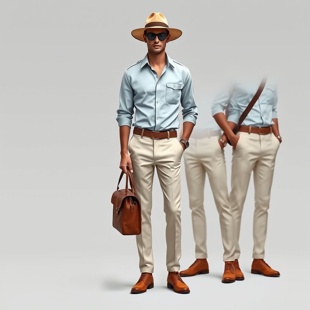Design a sleek male uniform of an investigation agency in a hot and humid climate
Design a sleek male uniform for an investigation agency, featuring lightweight, breathable fabrics in light shades of pale blue and sandy beige. Incorporate moisture-wicking technology and a tailored silhouette for mobility. Accessories include a stylish messenger bag and wide-brimmed hat. The uniform exudes professionalism while ensuring comfort in hot, humid environments.