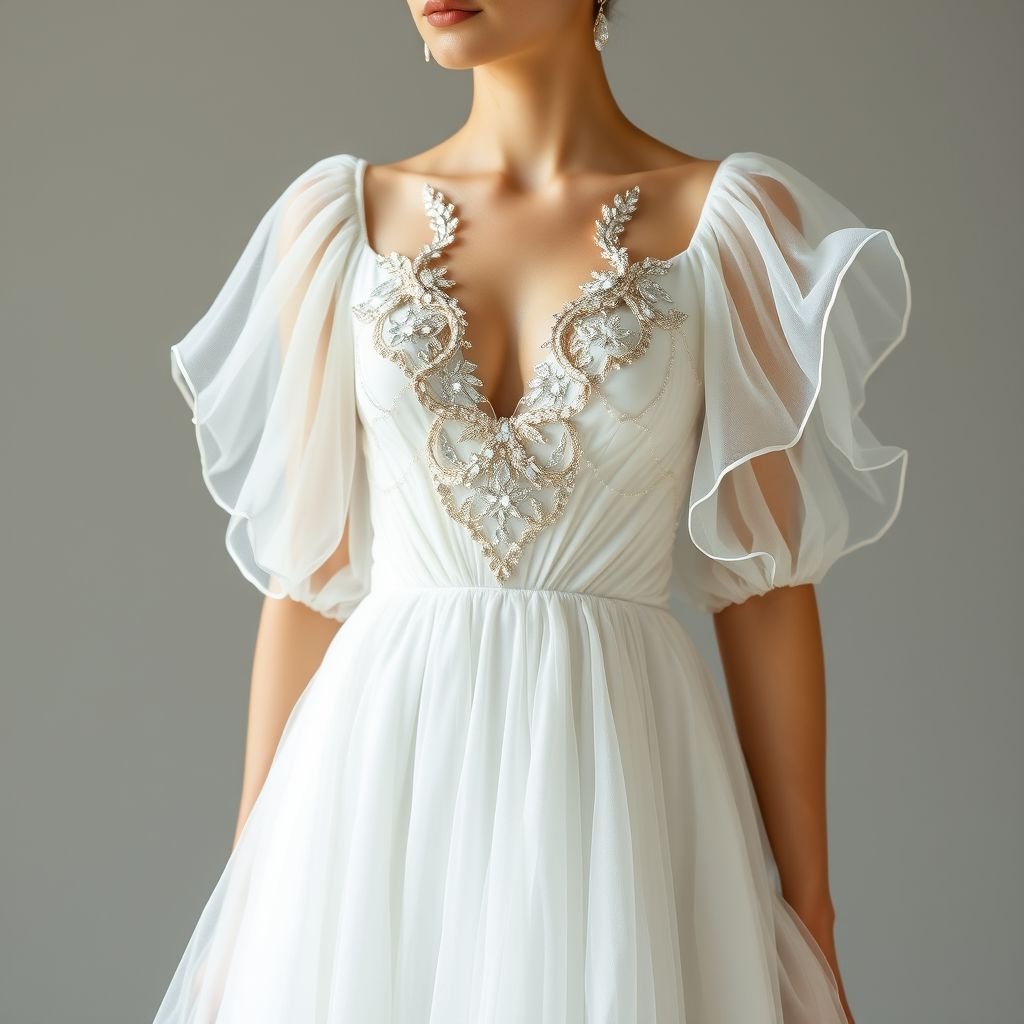 Design white dress add some crystal
Design an ethereal white dress crafted from flowing silk chiffon, featuring a plunging V-neckline and delicately tiered layers. Adorn the bodice with intricate crystal embellishments that shimmer like starlight, cascading down the skirt. Complete the look with sheer, billowy sleeves that flutter gracefully, capturing the essence of dreamy, celestial elegance.
