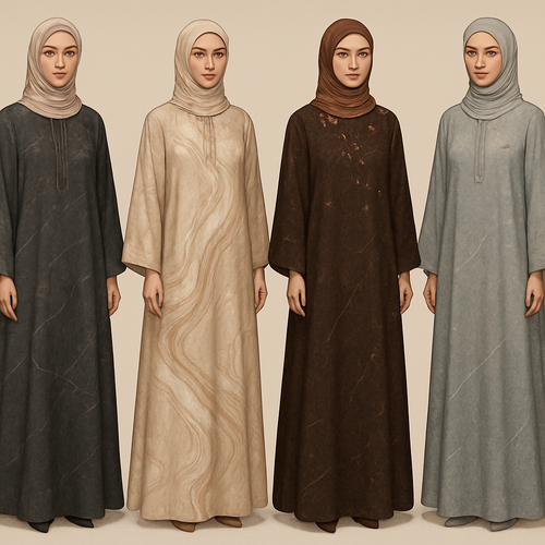 Create a modest boubou, the first of its kind, featuring a unique stone design that exudes a classy and sophisticated vibe. I'd like four designs, each showcasing different styles and fabrics. Incorporate high-end, unique chic stone designs to make them truly special. Add little sophisticated stone designs.