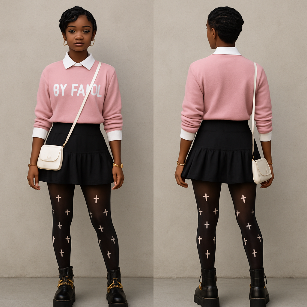 Black girl
Finger waves
White collared shirt
Pick sweater shirt sleeves rolled it says
By Faith in it
Tight short ruffled black skirt
Black stockings with white crosses on them black platform boots with gold chains on them
Gold jewelry
White crossbody purse
Black girl
Finger waves
White collared shirt
Pick sweater shirt sleeves rolled it says
By Faith in it
Tight short ruffled black skirt
Black stockings with white crosses on them black platform boots with gold chains on them
Gold jewelry
White crossbody purse
, streetwear style, show front and back