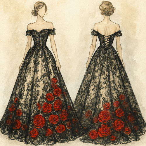 Lace black with champagne underlay wedding dress with off the shoulder sleeves with red roses cascading towards the bottom of the dress. Corset top with lace back.