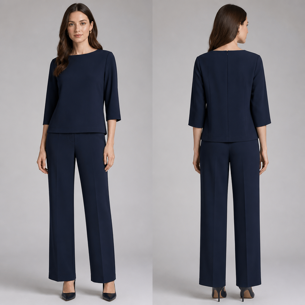 Dark blue 2 piece suit. Top is boat cut neckline, 3/4 sleeves. Pants is straight cut, loose fitting.
photorealistic fashion design, Dark blue 2 piece suit. Top is boat cut neckline, 3/4 sleeves. Pants is straight cut, loose fitting., business style, just the design no text, show front and back