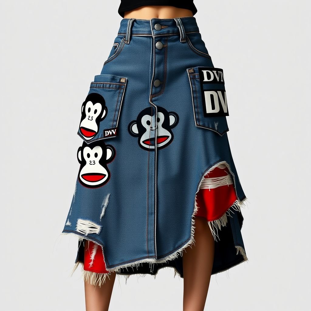 Do a collab with my brand “Da’Vine” or “DV” and “Paul frank” with the monkey symbol. Create a Maxi denim skirt and create a design for the collab on it! With “DV” somewhere on it. Make it red and black
Design a bold maxi denim skirt blending 'Da'Vine' and 'Paul Frank' aesthetics. Incorporate a playful print of the iconic monkey symbol against a red and black color scheme, emphasizing oversized pockets adorned with 'DV' patches. Layered streetwear vibes shine through with distressed detailing and asymmetrical hems for an edgy, urban look.