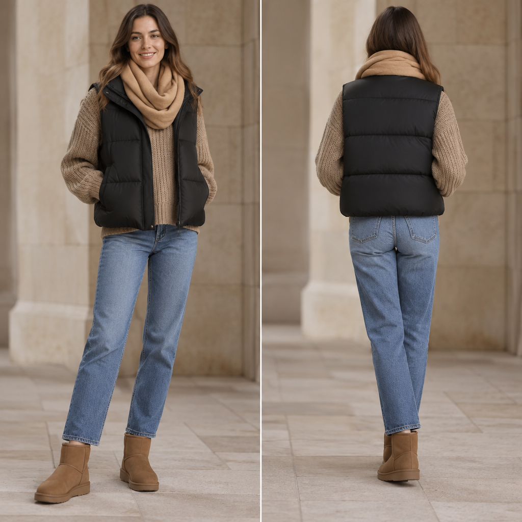 An American woman with brown hair wears a dark beige chunky knit sweater with mid wash straight leg blue jeans and a black puffer vest with Classic 1 Ugg boots and a camel infinity scarf
photorealistic fashion design, An American woman with brown hair wears a dark beige chunky knit sweater with mid wash straight leg blue jeans and a black puffer vest with Classic 1 Ugg boots and a camel infinity scarf , light_academia style, just the design no text, show front and back