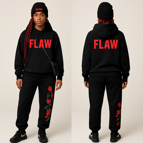 Black jogging suit hoodie with bold words Flaw in abbreviation on it in red braids gold hoop earrings and gold bracelet flowers one sleeve and pants Black cross body purse and black nike shoes a black beanie saying Flaw in red