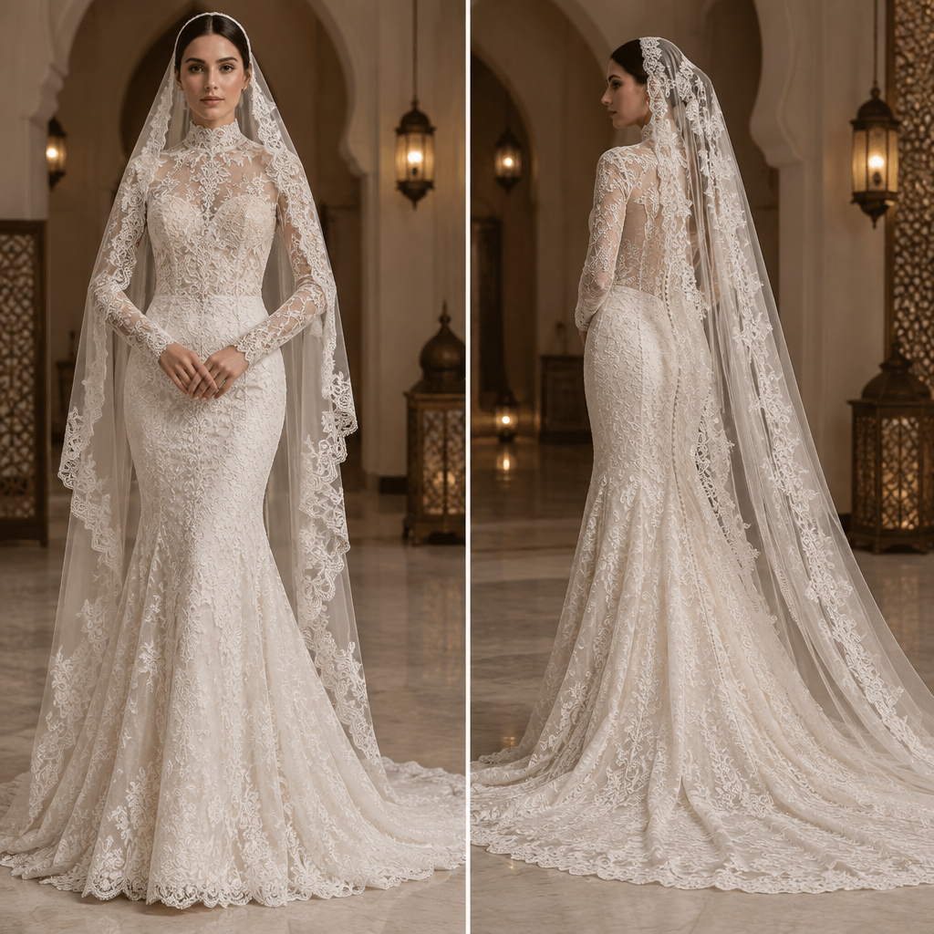 A Dress design, with a crisp, structured drape, for Wedding, suitable for Fall, suited to a Temperate climate, shown on a model with light skin. فستان زفاف برقبة عالية و لديه أكمام دانتيل و أيضا يكون الفستان دانتيل كامل و أيضا الفستان ضيق ولكن من الركبة إلى تحت يكون منفوش قليلا، و الطرحة تكون أيضا دانتيل مطابقة في الفستان. Saudi Arabia fashion aesthetics. Present it as professional fashion catalogue photography: the garment is the subject, shown full-length with editorial styling, neutral posing and tasteful, non-suggestive framing.
photorealistic fashion design, A Dress design, with a crisp, structured drape, for Wedding, suitable for Fall, suited to a Temperate climate, shown on a model with light skin. فستان زفاف برقبة عالية و لديه أكمام دانتيل و أيضا يكون الفستان دانتيل كامل و أيضا الفستان ضيق ولكن من الركبة إلى تحت يكون منفوش قليلا، و الطرحة تكون أيضا دانتيل مطابقة في الفستان. Saudi Arabia fashion aesthetics. Present it as professional fashion catalogue photography: the garment is the subject, shown full-length with editorial styling, neutral posing and tasteful, non-suggestive framing., just the design no text, show front and back