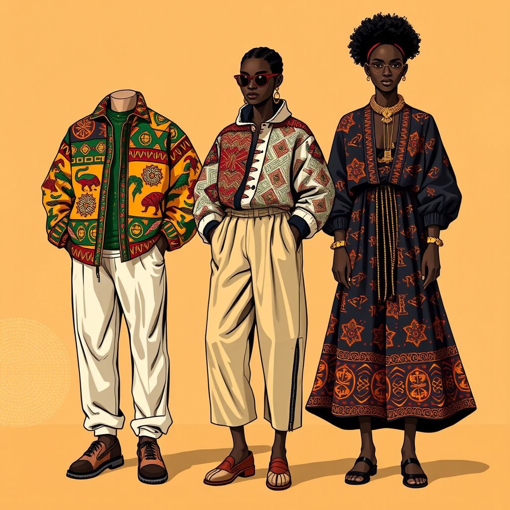 African culture
Design a contemporary streetwear collection inspired by vibrant African culture, featuring bold prints and rich textures. Incorporate traditional motifs, such as Adinkra symbols and Maasai beadwork, into oversized jackets, relaxed trousers, and flowing skirts. Use sustainable fabrics in earth tones, symbolizing harmony with nature, while showcasing cultural heritage through modern silhouettes.