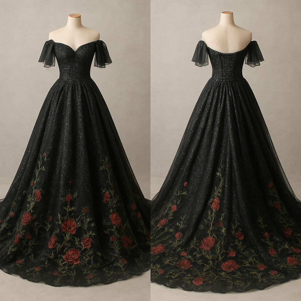 Long train Glittery Black wedding dress with embroidered green vines and red roses at the bottom. Corset back with off the shoulder sleeves made from chiffon.
Long train Glittery Black wedding dress with embroidered green vines and red roses at the bottom. Corset back with off the shoulder sleeves made from chiffon., show front and back