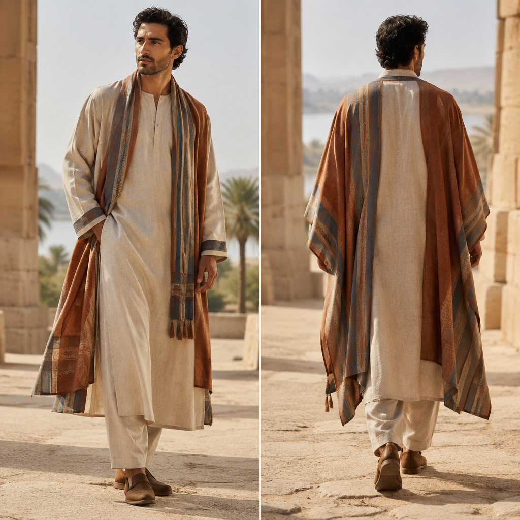 A Male fashion design. Consider Egyptian fashion — flowing silhouettes, vibrant colors, cotton and linen traditions, modest yet elegant. Current season is Autumn in Egypt. Present it as professional fashion catalogue photography: the garment is the subject, shown full-length with editorial styling, neutral posing and tasteful, non-suggestive framing.
photorealistic fashion design, A Male fashion design. Consider Egyptian fashion — flowing silhouettes, vibrant colors, cotton and linen traditions, modest yet elegant. Current season is Autumn in Egypt. Present it as professional fashion catalogue photography: the garment is the subject, shown full-length with editorial styling, neutral posing and tasteful, non-suggestive framing., just the design no text