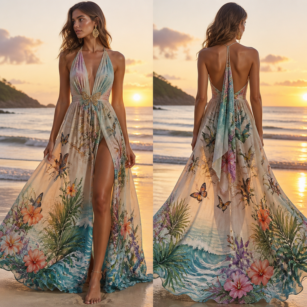 Design a flowing, floor-length beach dress made from lightweight, airy fabric such as chiffon or silk chiffon. The dress should feature a high slit along one leg for an elegant and effortless look. Create a soft, feminine silhouette that moves beautifully with the ocean breeze.
The fabric should be adorned with an artistic nature-inspired print featuring lush tropical leaves, delicate flowers, butterflies, birds, soft ocean waves, and subtle watercolor landscapes. The artwork should feel hand-painted, dreamy, and sophisticated rather than busy.
Use a harmonious color palette inspired by nature, including shades of emerald green, turquoise, sky blue, sandy beige, soft coral, blush pink, lavender, and touches of gold. The overall aesthetic should feel luxurious, ethereal, and perfect for a sunset beach setting.
photorealistic fashion design, Design a flowing, floor-length beach dress made from lightweight, airy fabric such as chiffon or silk chiffon. The dress should feature a high slit along one leg for an elegant and effortless look. Create a soft, feminine silhouette that moves beautifully with the ocean breeze.
The fabric should be adorned with an artistic nature-inspired print featuring lush tropical leaves, delicate flowers, butterflies, birds, soft ocean waves, and subtle watercolor landscapes. The artwork should feel hand-painted, dreamy, and sophisticated rather than busy.
Use a harmonious color palette inspired by nature, including shades of emerald green, turquoise, sky blue, sandy beige, soft coral, blush pink, lavender, and touches of gold. The overall aesthetic should feel luxurious, ethereal, and perfect for a sunset beach setting.
, beach style, just the design no text, show front and back