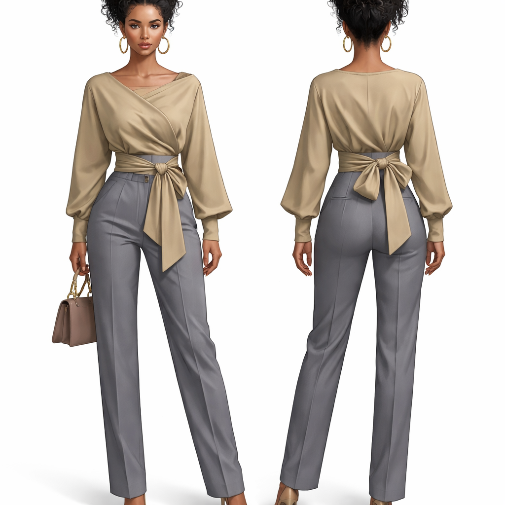 So my outfit has a Japanese influence, but still has the silhouette of a Colombian you know Afro Latina, silhouette body type it and when I say Japanese influence, i’m creating a business casual hero piece of a set. It’s going to. I’m gonna start off with about three designs of a business casual woman sent and then yes this is specifically for women. . It’ll be an extra small, small, medium and large. The top piece will be a boat neck khaki open top with suit trousers let’s do gray
So my outfit has a Japanese influence, but still has the silhouette of a Colombian you know Afro Latina, silhouette body type it and when I say Japanese influence, i’m creating a business casual hero piece of a set. It’s going to. I’m gonna start off with about three designs of a business casual woman sent and then yes this is specifically for women. . It’ll be an extra small, small, medium and large. The top piece will be a boat neck khaki open top with suit trousers let’s do gray, business style, show front and back