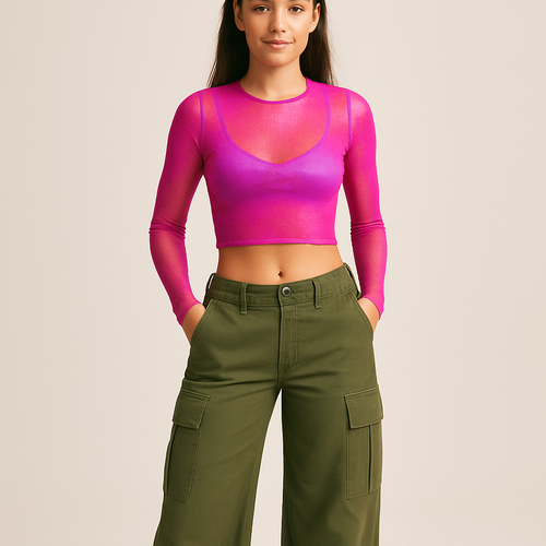Low-rise cargo pants with butterfly clips and iridescent mesh top