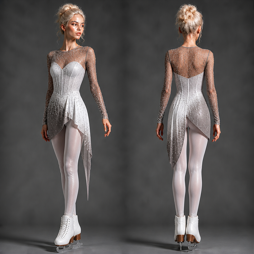 Убрать кожу, лямки и цепи, коньки белые, лиф поменять на корсет
edit the attached fashion design with these instructions: Убрать кожу, лямки и цепи, коньки белые, лиф поменять на корсет. keep it photorealistic, just the design no text