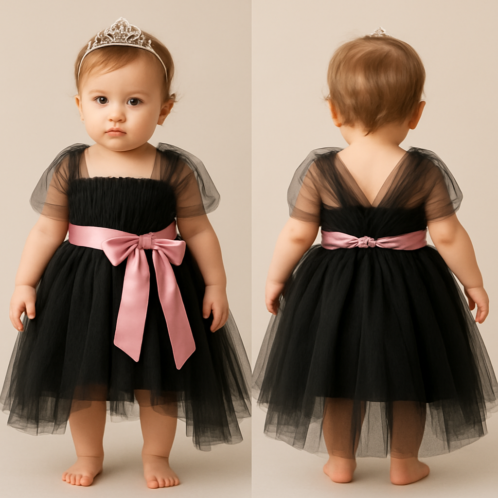1歳の女の子のベビードレス着用画
黒のチュールドレス、前が短くて後ろが長いスカート
上半身は、細かいギャザーを寄せたベアトップのチュールのボディス
その上から同一色のチュールショルダーラップ、肩から膝上までをふんわり巻き付けるように、背中で左右のショルダーラップがくっつくように
胸下の切り返しにローズピンクのサテン生地の太めのリボンを前から一周巻いて、真ん中ではなく、左前あたりで大きくリボン縛り
リボンの結び目は前
頭には派手すぎないシルバーのティアラ
1歳の女の子のベビードレス着用画
黒のチュールドレス、前が短くて後ろが長いスカート
上半身は、細かいギャザーを寄せたベアトップのチュールのボディス
その上から同一色のチュールショルダーラップ、肩から膝上までをふんわり巻き付けるように、背中で左右のショルダーラップがくっつくように
胸下の切り返しにローズピンクのサテン生地の太めのリボンを前から一周巻いて、真ん中ではなく、左前あたりで大きくリボン縛り
リボンの結び目は前
頭には派手すぎないシルバーのティアラ, show front and back