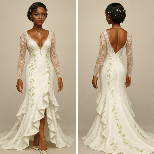 Black girl 
Finger waves with small flowers in hair 
Wedding dress
V cut at breast 
Long dress 
Long train 
Lace sleeves 
Ruffles going down the dress 
Green designs on dress
Diamond ring on finger 
Diamond heart necklace 
Green eyeshadow 
Clear lipgloss 
Diamond earrings 
Diamond bracelet 
White heels with green pearls 
French tip nails with pearls 

