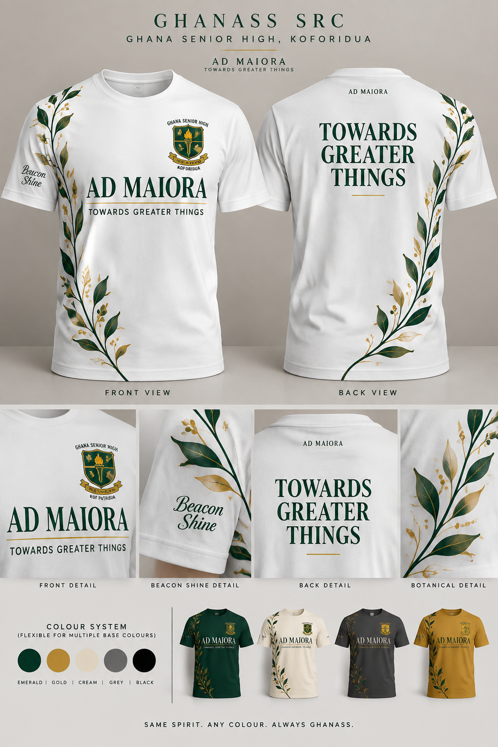 Absolutely — here’s a strong master prompt you can paste into another AI image/design tool. 🔥
GHANASS SRC — AD MAIORA T-SHIRT MASTER PROMPT
> Create a premium fashion-forward T-shirt design for the Ghana Senior High School, Koforidua (GHANASS) SRC. Use the uploaded blank white T-shirt image as the exact garment base and preserve its realistic shape, proportions, collar, sleeves, and fabric texture. The shirt is 100% cotton and should look like a professionally manufactured premium school/SRC fashion piece, NOT a conventional event T-shirt.
FRONT DESIGN: Place “AD MAIORA” prominently across the upper-middle chest in an elegant, sophisticated high-contrast serif typeface. AD MAIORA must be noticeably larger than “TOWARDS GREATER THINGS.” Directly beneath it, place “TOWARDS GREATER THINGS” in a clean, bold, highly readable modern sans-serif font, still large enough to be clearly visible. Integrate the official Ghana Senior High School, Koforidua crest tastefully near the upper chest without overpowering the typography. Add “BEACON SHINE” below the left arm/underarm area in an elegant flowing script or refined italic typeface, keeping it readable and sophisticated.
CONTINUOUS BOTANICAL DESIGN: Create a single elegant curved botanical/vine line that begins near one side of the front shoulder/upper sleeve area, flows naturally down the side of the shirt toward the lower front hem, and visually continues around the side onto the back. Add small refined leaves and delicate branches along the curve. The botanical elements should feel premium, minimal and sophisticated — never cartoonish, childish, or overly decorative.
BACK DESIGN: At the upper back/neck area, place “AD MAIORA” very small and subtle. The main back statement must be “TOWARDS GREATER THINGS”, displayed prominently in large, bold, elegant typography. The continuing botanical/vine line should flow diagonally or organically around the back and connect visually with the front design.
COLOUR SYSTEM: Use a refined GHANASS-inspired palette: deep emerald/forest green, elegant gold, warm cream, and white. The design must have enough contrast to remain readable and visually attractive when adapted to other T-shirt colours such as black, emerald green, cream, grey, and gold. Prepare the artwork as a colour-flexible design system rather than something dependent only on a white shirt.
STYLE: Luxury collegiate fashion × modern African school identity × sophisticated SRC merchandise. Minimal, elegant, youthful, premium, clean, confident and wearable. Avoid excessive graphics, excessive text, random shapes, giant logos, cartoon elements, gradients that reduce readability, or a typical school-programme/event-shirt appearance.
TYPOGRAPHY HIERARCHY:
1. AD MAIORA — largest and most elegant on the front
2. TOWARDS GREATER THINGS — clearly readable and substantial
3. BEACON SHINE — smaller decorative accent
4. AD MAIORA — tiny on back
5. TOWARDS GREATER THINGS — dominant statement on back
IMPORTANT: Keep all spelling EXACTLY as written: AD MAIORA, TOWARDS GREATER THINGS, BEACON SHINE, GHANA SENIOR HIGH, KOFORIDUA, PRO PATRIA. Do not invent additional slogans or text. Make the typography crisp and correctly spelled.
PRESENTATION: Generate a professional front-and-back apparel mockup on a clean neutral studio background, with realistic cotton texture, natural folds, subtle shadows, accurate print placement, and premium fashion-catalogue presentation. Also provide close-up views of the front typography, BEACON SHINE detail, back typography, and the continuous botanical design.
FINAL FEEL: This should look like an official GHANASS SRC fashion collection piece that students would genuinely want to wear — sophisticated enough to look like premium streetwear while still clearly representing AD MAIORA — TOWARDS GREATER THINGS.
Absolutely — here’s a strong master prompt you can paste into another AI image/design tool. 🔥
GHANASS SRC — AD MAIORA T-SHIRT MASTER PROMPT
> Create a premium fashion-forward T-shirt design for the Ghana Senior High School, Koforidua (GHANASS) SRC. Use the uploaded blank white T-shirt image as the exact garment base and preserve its realistic shape, proportions, collar, sleeves, and fabric texture. The shirt is 100% cotton and should look like a professionally manufactured premium school/SRC fashion piece, NOT a conventional event T-shirt.
FRONT DESIGN: Place “AD MAIORA” prominently across the upper-middle chest in an elegant, sophisticated high-contrast serif typeface. AD MAIORA must be noticeably larger than “TOWARDS GREATER THINGS.” Directly beneath it, place “TOWARDS GREATER THINGS” in a clean, bold, highly readable modern sans-serif font, still large enough to be clearly visible. Integrate the official Ghana Senior High School, Koforidua crest tastefully near the upper chest without overpowering the typography. Add “BEACON SHINE” below the left arm/underarm area in an elegant flowing script or refined italic typeface, keeping it readable and sophisticated.
CONTINUOUS BOTANICAL DESIGN: Create a single elegant curved botanical/vine line that begins near one side of the front shoulder/upper sleeve area, flows naturally down the side of the shirt toward the lower front hem, and visually continues around the side onto the back. Add small refined leaves and delicate branches along the curve. The botanical elements should feel premium, minimal and sophisticated — never cartoonish, childish, or overly decorative.
BACK DESIGN: At the upper back/neck area, place “AD MAIORA” very small and subtle. The main back statement must be “TOWARDS GREATER THINGS”, displayed prominently in large, bold, elegant typography. The continuing botanical/vine line should flow diagonally or organically around the back and connect visually with the front design.
COLOUR SYSTEM: Use a refined GHANASS-inspired palette: deep emerald/forest green, elegant gold, warm cream, and white. The design must have enough contrast to remain readable and visually attractive when adapted to other T-shirt colours such as black, emerald green, cream, grey, and gold. Prepare the artwork as a colour-flexible design system rather than something dependent only on a white shirt.
STYLE: Luxury collegiate fashion × modern African school identity × sophisticated SRC merchandise. Minimal, elegant, youthful, premium, clean, confident and wearable. Avoid excessive graphics, excessive text, random shapes, giant logos, cartoon elements, gradients that reduce readability, or a typical school-programme/event-shirt appearance.
TYPOGRAPHY HIERARCHY:
1. AD MAIORA — largest and most elegant on the front
2. TOWARDS GREATER THINGS — clearly readable and substantial
3. BEACON SHINE — smaller decorative accent
4. AD MAIORA — tiny on back
5. TOWARDS GREATER THINGS — dominant statement on back
IMPORTANT: Keep all spelling EXACTLY as written: AD MAIORA, TOWARDS GREATER THINGS, BEACON SHINE, GHANA SENIOR HIGH, KOFORIDUA, PRO PATRIA. Do not invent additional slogans or text. Make the typography crisp and correctly spelled.
PRESENTATION: Generate a professional front-and-back apparel mockup on a clean neutral studio background, with realistic cotton texture, natural folds, subtle shadows, accurate print placement, and premium fashion-catalogue presentation. Also provide close-up views of the front typography, BEACON SHINE detail, back typography, and the continuous botanical design.
FINAL FEEL: This should look like an official GHANASS SRC fashion collection piece that students would genuinely want to wear — sophisticated enough to look like premium streetwear while still clearly representing AD MAIORA — TOWARDS GREATER THINGS.