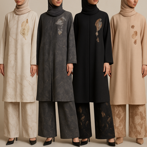 Create a modest abaya and loose pant, first of its kind, featuring a unique stone design that exudes a classy and sophisticated vibe. I'd like four designs, each showcasing different styles and fabrics. Incorporate high-end, unique chic stone designs to make them truly special. Add little sophisticated stone designs. Make it irresistible!