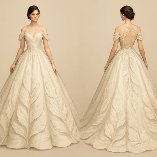 A dress like very princes and elegant 
Long wedding dress with long leaves but fat leaves like exotic 
In the back to be open and have flowers details 
