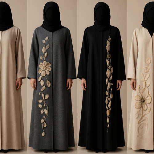 Create a modest abaya that's the first of its kind, featuring a unique stone design that exudes a classy and sophisticated vibe. I'd like four designs, each showcasing different styles and fabrics.Incorporate high-end, unique chic stone designs to make them truly special. And add little cute touch of sophisticated stone designs. Add huge flower and unique designs.