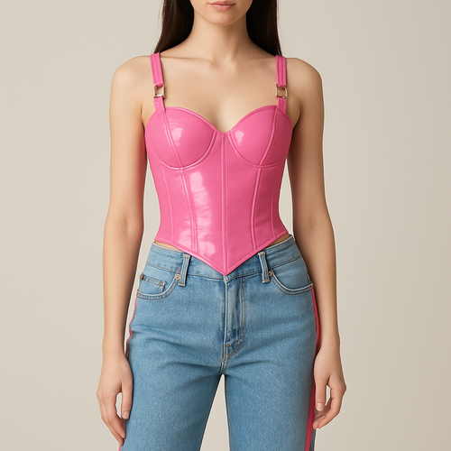Low rise wide leg denim jeans with pink stripe down the side and matching pink corset top
Jeans less wide leg lower waist the pink to be more cerise and the matching corset to be shiny pvc material with dipped waist and two small silver buckles on the straps
Can we change the pink to candy pink colour and the jeans to be lighter washed denim and more straight fit
Jeans lower rising and material more textured looking for the denim