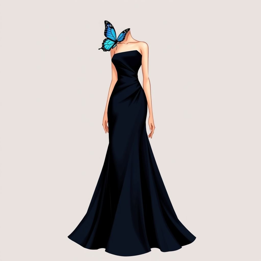 Butterfly on the left shoulder the dress is long and tight the butterfly is navy blue the dres is mixed black and navy blue
Design a classic, form-fitting evening gown featuring a striking navy blue butterfly delicately perched on the left shoulder. The dress seamlessly blends deep black and rich navy hues, cascading elegantly to the floor. Adding an air of timeless sophistication, the gown’s silhouette embraces vintage elegance, perfect for a refined gala.