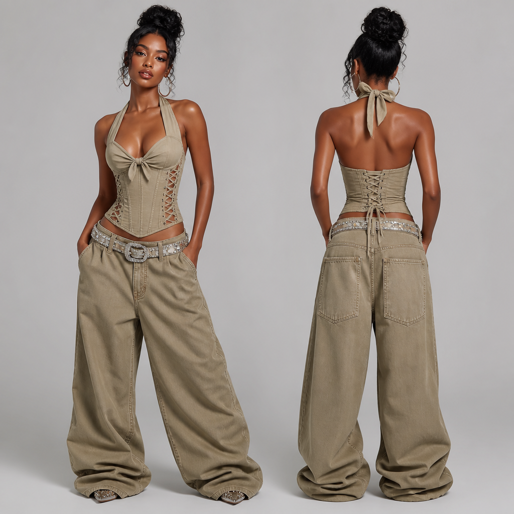 A Female fashion design, in Y2K style. the top is a tank top, halter neck bow corset style top that reaches wait and ultra baggy trousers floor length with a crystal studded belts style on waist that screams y2k baddie. Nigeria fashion aesthetics. Design with modest coverage.
photorealistic fashion design, A Female fashion design, in Y2K style. the top is a tank top, halter neck bow corset style top that reaches wait and ultra baggy trousers floor length with a crystal studded belts style on waist that screams y2k baddie. Nigeria fashion aesthetics. Design with modest coverage., y2k style, just the design no text