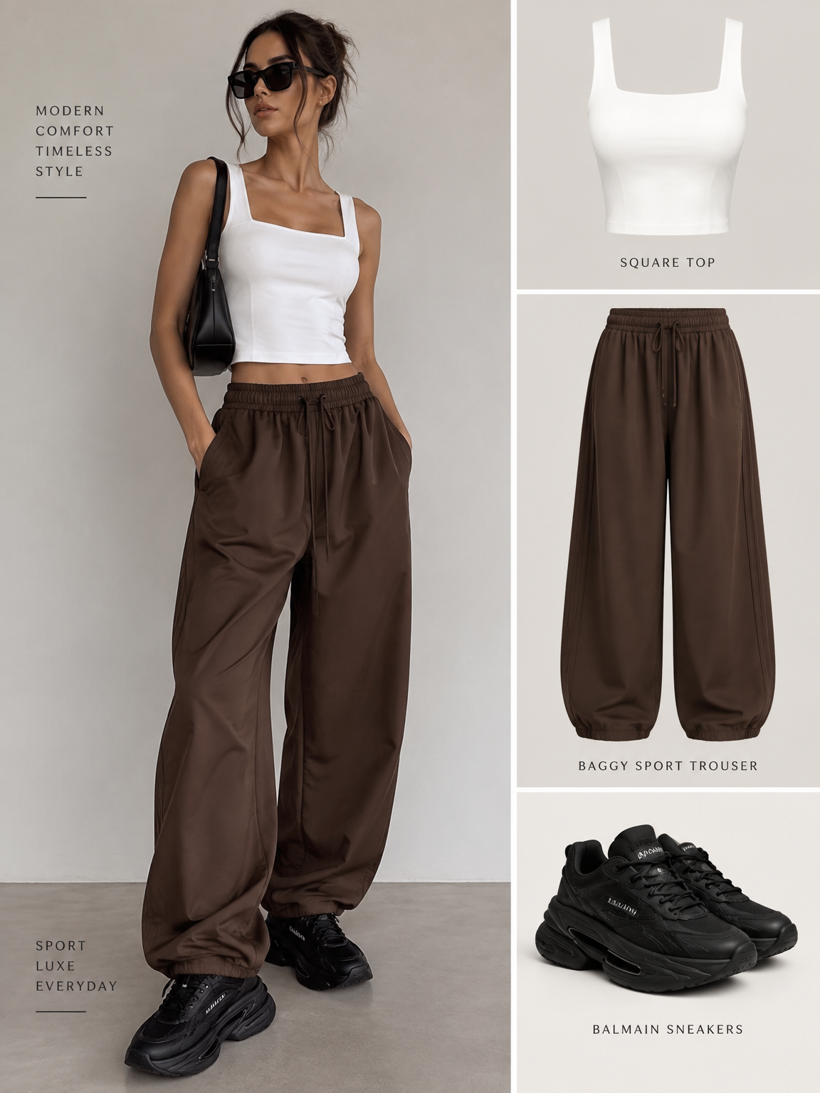 white scuare top with a brown bagy sport trouser
with balman snikers in black
white scuare top with a brown bagy sport trouser
with balman snikers in black
