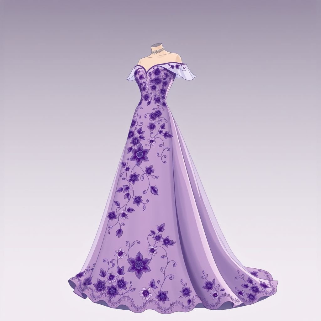 Purple flower gown
Design a stunning formal gown adorned with intricate purple floral embroidery cascading gracefully down a A-line silhouette. The bodice features a sweetheart neckline and delicate off-the-shoulder sleeves, exuding elegance. A flowing floor-length skirt, trimmed with organza, complements a sweeping train, perfect for a gala or high-society event. Complete with sophisticated accessories.