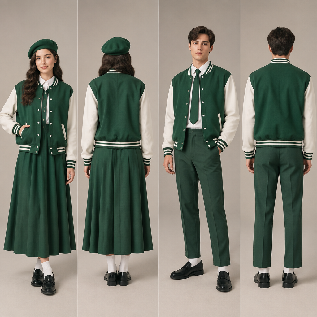 A Male Top design, with modest, full coverage: longer hemlines, higher necklines and covered shoulders, suitable for Fall. Design a green baseball jacket, with white accents for male and female.
A green fit and flare dress almost reaching ankles,green barrett and white socks for the female.
A green trouser,white shirt,green tie and white socks for the male.
Nice black school shoes for both. Present it as professional fashion catalogue photography: the garment is the subject, shown full-length with editorial styling, neutral posing and tasteful, non-suggestive framing.
photorealistic fashion design, A Male Top design, with modest, full coverage: longer hemlines, higher necklines and covered shoulders, suitable for Fall. Design a green baseball jacket, with white accents for male and female.
A green fit and flare dress almost reaching ankles,green barrett and white socks for the female.
A green trouser,white shirt,green tie and white socks for the male.
Nice black school shoes for both. Present it as professional fashion catalogue photography: the garment is the subject, shown full-length with editorial styling, neutral posing and tasteful, non-suggestive framing., just the design no text, show front and back