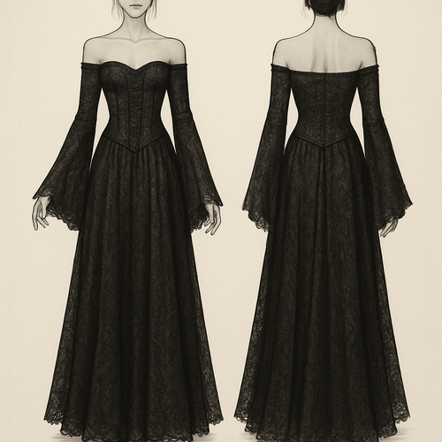 A black lace dress, corset top with off the shoulder long sleeves covering the hands as they flare out at the ends, the skirt part flows down to the feet.