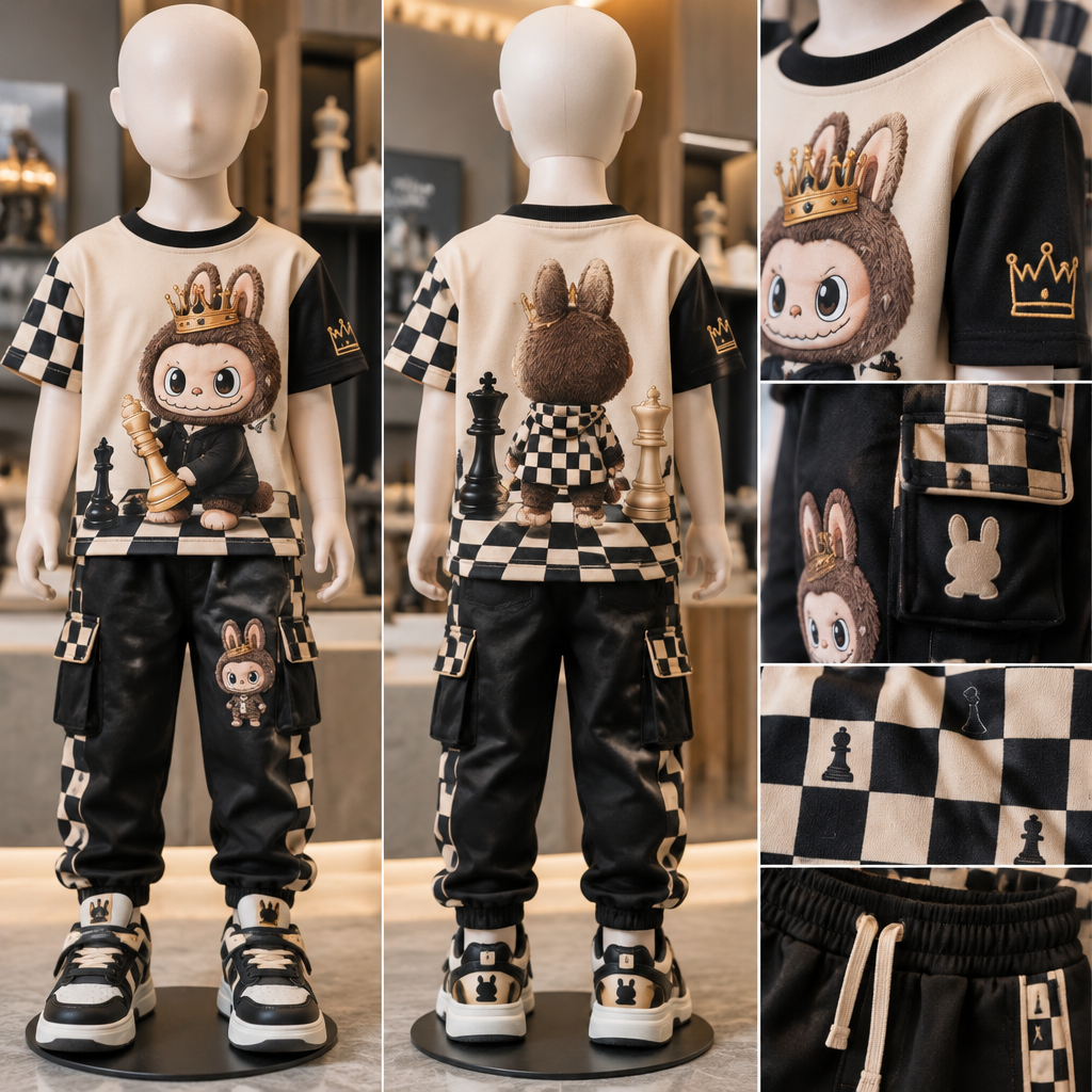 Can you create a super stylish, summer-ready outfit for a boy aged 2–8, modeled on a child mannequin, that chess lovers would absolutely love and that makes people say “WOW!”?
The outfit should consist of a T-shirt and long pants, preferably made from soft, breathable cotton jersey fabric (knitwear).
I want a unique, trendy, eye-catching design featuring Labubu character graphics combined with chess-inspired details. Include creative prints, chess pieces, checkerboard patterns, stylish color combinations, and distinctive little details that make the outfit look premium and original.
The final design should look fashionable, playful, luxurious, and truly special—something that stands out from ordinary children’s clothing. Please show the complete outfit on a boy mannequin, with close-up views of the fabric, prints, stitching, and other design details.
photorealistic fashion design, Can you create a super stylish, summer-ready outfit for a boy aged 2–8, modeled on a child mannequin, that chess lovers would absolutely love and that makes people say “WOW!”?
The outfit should consist of a T-shirt and long pants, preferably made from soft, breathable cotton jersey fabric (knitwear).
I want a unique, trendy, eye-catching design featuring Labubu character graphics combined with chess-inspired details. Include creative prints, chess pieces, checkerboard patterns, stylish color combinations, and distinctive little details that make the outfit look premium and original.
The final design should look fashionable, playful, luxurious, and truly special—something that stands out from ordinary children’s clothing. Please show the complete outfit on a boy mannequin, with close-up views of the fabric, prints, stitching, and other design details., kidcore style, just the design no text, show front and back