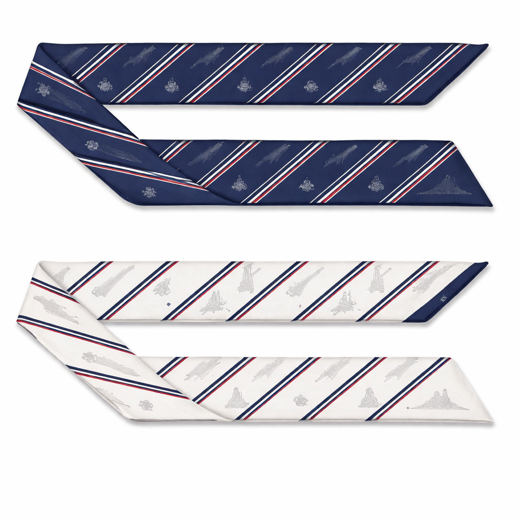 Dimensions: 5 cm × 86 cm
Style: Preppy / J. Press-inspired
Theme: Soccer / FIFA World Cup / Kansas City
Restrictions: No logos, no text
Pattern Idea:
• Base Color: Deep navy blue (classic, versatile for Kelly bag wrap)
• Primary Accent: Thin white stripes, evenly spaced, running diagonally across the scarf
• Secondary Accent: Thin red stripes alternating with white stripes in smaller intervals to evoke subtle energy and sportiness
• Motifs:
• Tiny abstract soccer balls in a tonal light gray, spaced subtly along the twilly, small enough to appear almost as dots
• Thin line outlines of iconic Kansas City skyline shapes (Liberty Memorial tower, Kauffman Center arcs) in muted gray, repeated lightly along the scarf without dominating the pattern
• Stripe Layout:
• Main diagonal stripes: white (3 mm)
• Secondary diagonal stripes: red (1.5 mm) between the white stripes
• Spaced evenly every 1 cm
• Edges: Rolled hem in navy to maintain J. Press clean finish
Visual Style Notes:
• Keep the design symmetrical along the scarf so it looks balanced when wrapped around a bag handle
• Minimalist, preppy, slightly sporty; nothing too busy
• Subtle nods to soccer and Kansas City via abstract icons rather than literal depictions
Optional Color Variants:
• Navy base / white & red stripes / gray icons (classic preppy)
• White base / navy & red stripes / light gray icons (inverse version for light-colored bags)
Dimensions: 5 cm × 86 cm
Style: Preppy / J. Press-inspired
Theme: Soccer / FIFA World Cup / Kansas City
Restrictions: No logos, no text
Pattern Idea:
• Base Color: Deep navy blue (classic, versatile for Kelly bag wrap)
• Primary Accent: Thin white stripes, evenly spaced, running diagonally across the scarf
• Secondary Accent: Thin red stripes alternating with white stripes in smaller intervals to evoke subtle energy and sportiness
• Motifs:
• Tiny abstract soccer balls in a tonal light gray, spaced subtly along the twilly, small enough to appear almost as dots
• Thin line outlines of iconic Kansas City skyline shapes (Liberty Memorial tower, Kauffman Center arcs) in muted gray, repeated lightly along the scarf without dominating the pattern
• Stripe Layout:
• Main diagonal stripes: white (3 mm)
• Secondary diagonal stripes: red (1.5 mm) between the white stripes
• Spaced evenly every 1 cm
• Edges: Rolled hem in navy to maintain J. Press clean finish
Visual Style Notes:
• Keep the design symmetrical along the scarf so it looks balanced when wrapped around a bag handle
• Minimalist, preppy, slightly sporty; nothing too busy
• Subtle nods to soccer and Kansas City via abstract icons rather than literal depictions
Optional Color Variants:
• Navy base / white & red stripes / gray icons (classic preppy)
• White base / navy & red stripes / light gray icons (inverse version for light-colored bags)
, show front and back