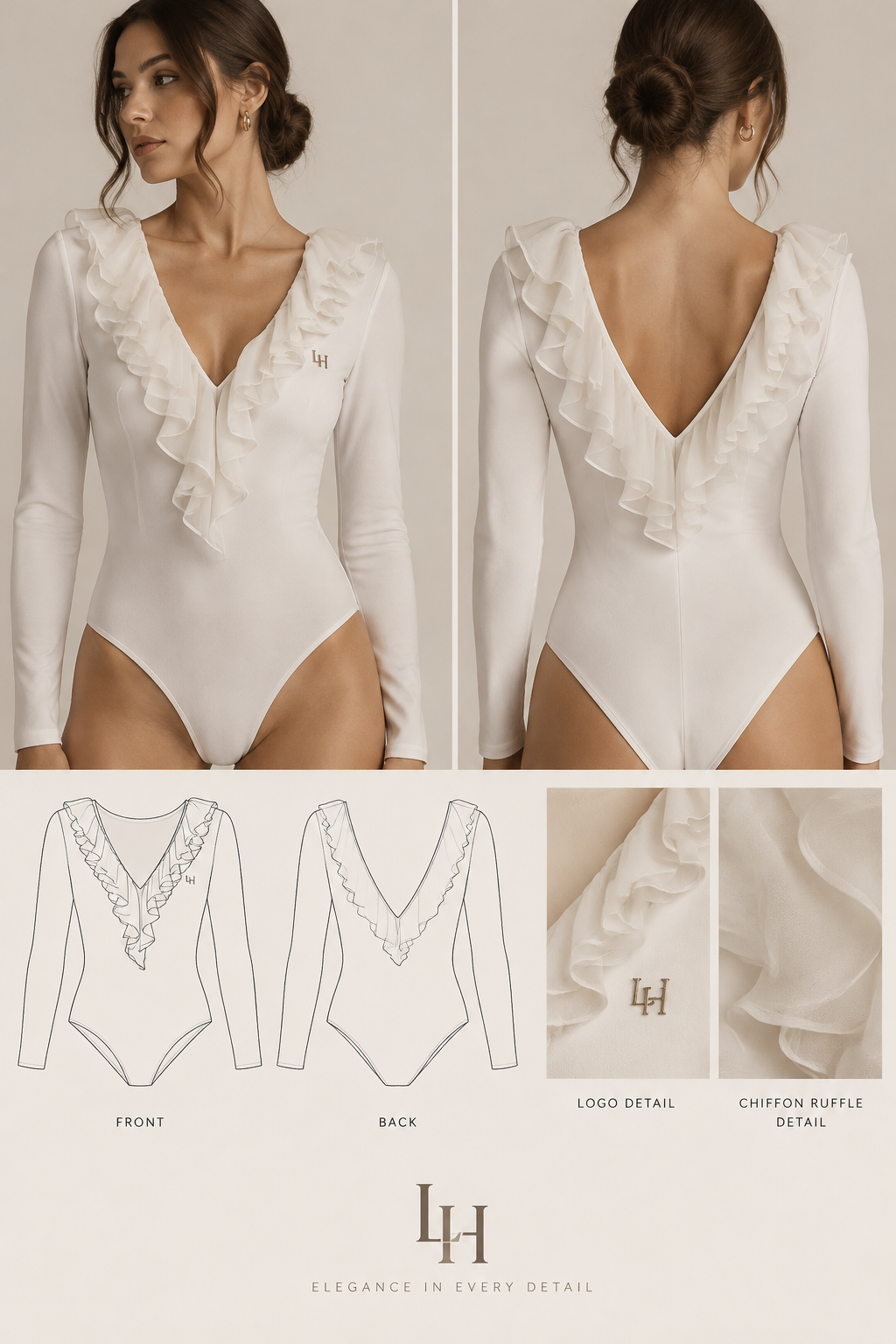 long sleev body shirt, with V neck back and front ,with logo LH, add to neck sifone ruffels
long sleev body shirt, with V neck back and front ,with logo LH, add to neck sifone ruffels