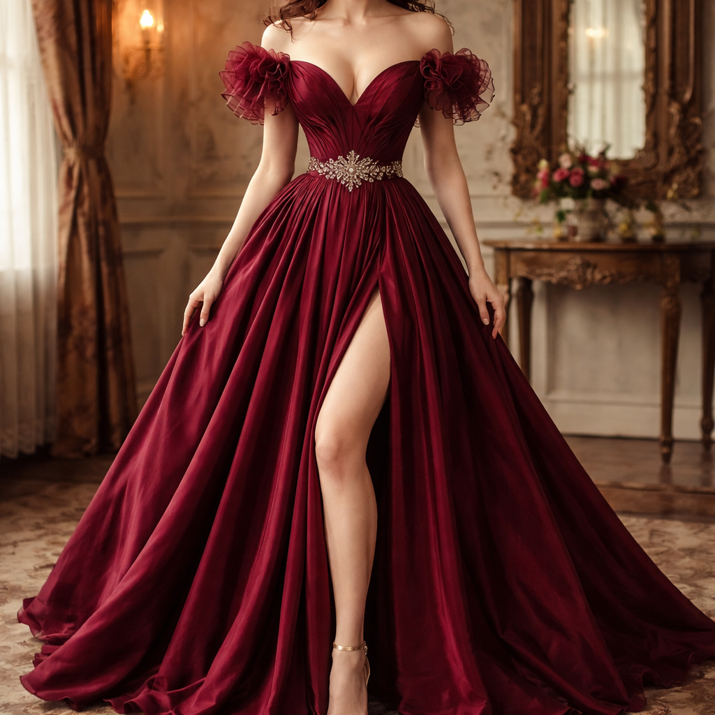 Cute burgendy gown with deep v neck and no strap and with a slit
Cute burgendy gown with deep v neck and no strap and with a slit, vintage style