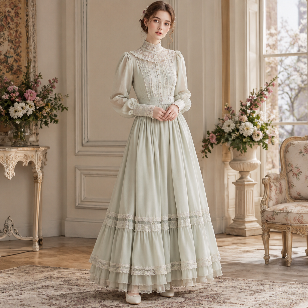 A Female Dress design, made of Cotton, with a light, flowing drape, with a Fitted silhouette, with modest, full coverage: longer hemlines, higher necklines and covered shoulders, in a Pastels color palette, for Formal, suitable for Spring, in Vintage + Victorian style, shown on a model with light skin and a petite figure Present it as professional fashion catalogue photography: the garment is the subject, shown full-length with editorial styling, neutral posing and tasteful, non-suggestive framing.
photorealistic fashion design, A Female Dress design, made of Cotton, with a light, flowing drape, with a Fitted silhouette, with modest, full coverage: longer hemlines, higher necklines and covered shoulders, in a Pastels color palette, for Formal, suitable for Spring, in Vintage + Victorian style, shown on a model with light skin and a petite figure Present it as professional fashion catalogue photography: the garment is the subject, shown full-length with editorial styling, neutral posing and tasteful, non-suggestive framing., vintage style, just the design no text