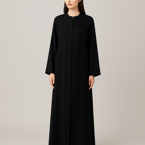 The Classic Floral Side-Line Abaya
Tone: Jet Black Design: A straight line of delicate 3D flowers + stones running down one side only. Why it will sell: Very slimming, minimal, elegant — perfect for everyday + occasions.