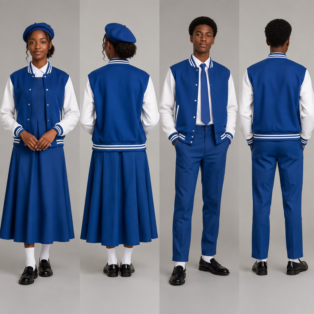 Design a blue baseball jacket with white accents for both .No writings on the jacket . Use black teenagers as models. show back and front face.
A blue fit and flare dress,covering chest area,almost reaching ankles, blue barrett and white socks for the female.
A blue relaxed trouser reaching ankles,white shirt, blue tie and white socks for the male.
Nice black school shoes for both.. Design with modest coverage. Present it as professional fashion catalogue photography: the garment is the subject, shown full-length with editorial styling, neutral posing and tasteful, non-suggestive framing.
photorealistic fashion design, Design a blue baseball jacket with white accents for both .No writings on the jacket . Use black teenagers as models. show back and front face.
A blue fit and flare dress,covering chest area,almost reaching ankles, blue barrett and white socks for the female.
A blue relaxed trouser reaching ankles,white shirt, blue tie and white socks for the male.
Nice black school shoes for both.. Design with modest coverage. Present it as professional fashion catalogue photography: the garment is the subject, shown full-length with editorial styling, neutral posing and tasteful, non-suggestive framing., just the design no text, show front and back